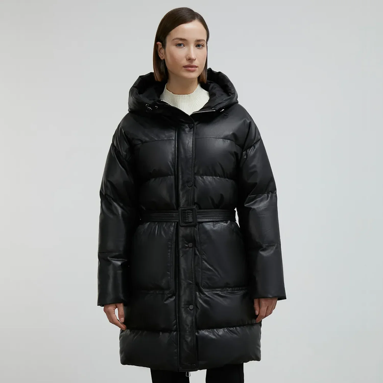 MKT STUDIO Womens Black Pocketed Button  Front Puffer Printed Long Sleeve Hooded Winter Jacket Coat