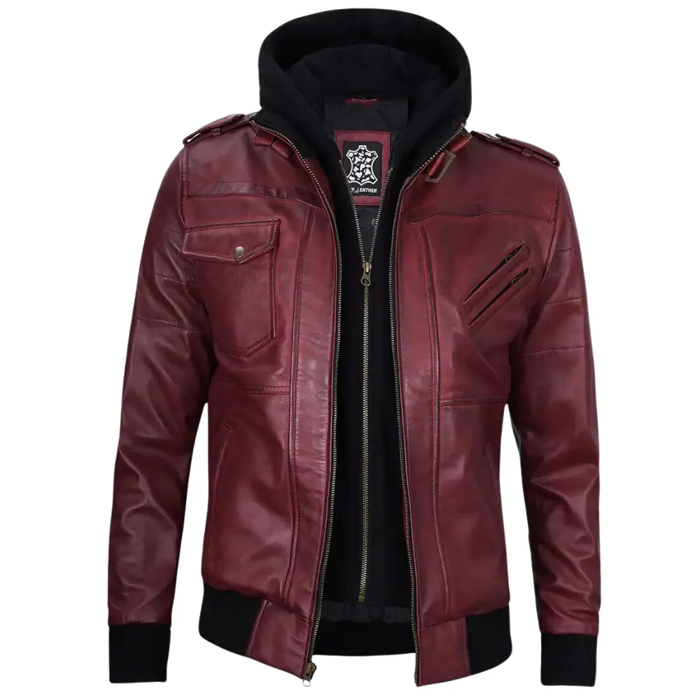 Maroon Leather Bomber Jacket With Hood