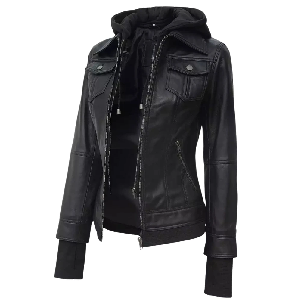 Black Bomber Leather Jacket With Removable Hood