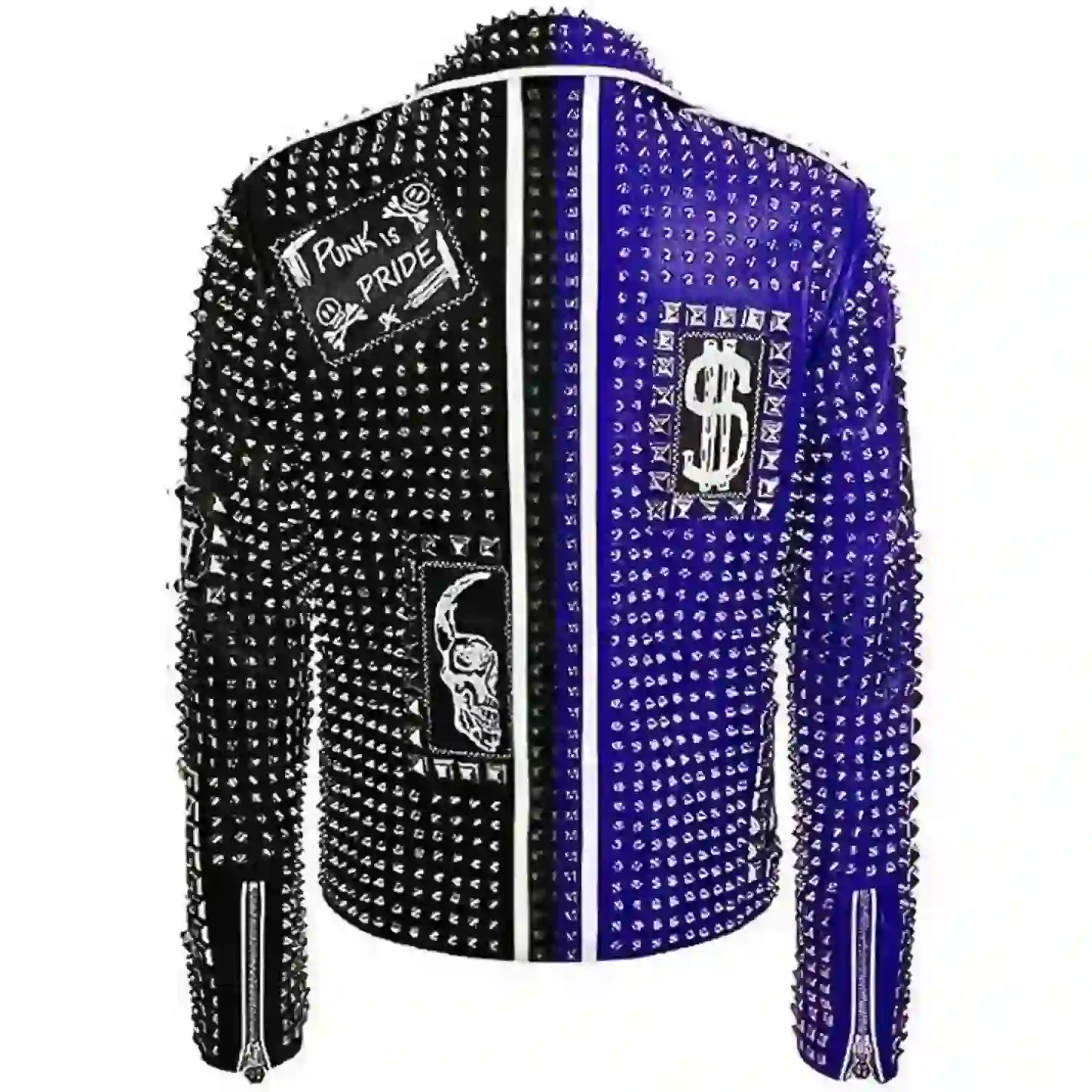 Mens Brando Black And Blue Studded Biker Leather Jacket