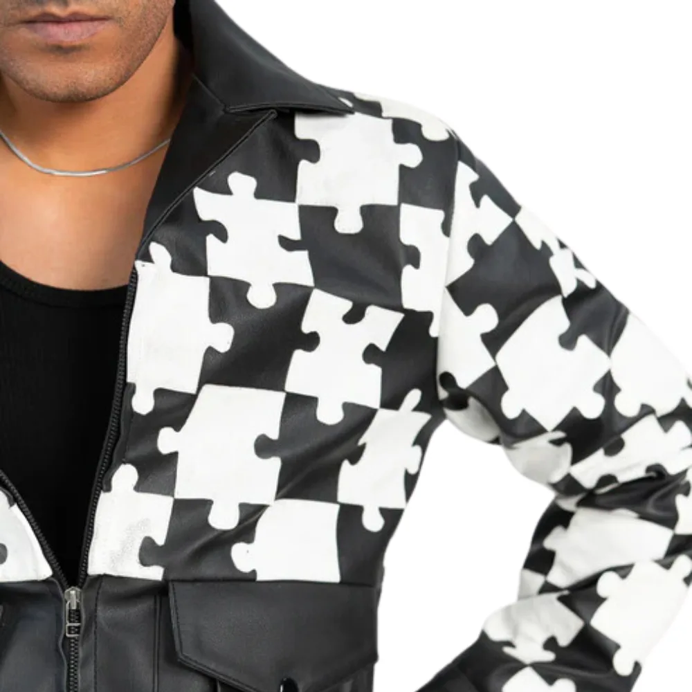 Black And White Leather Jacket With Puzzle Texture