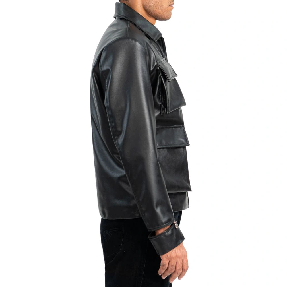 Cargo Pocketed Black Leather Jacket