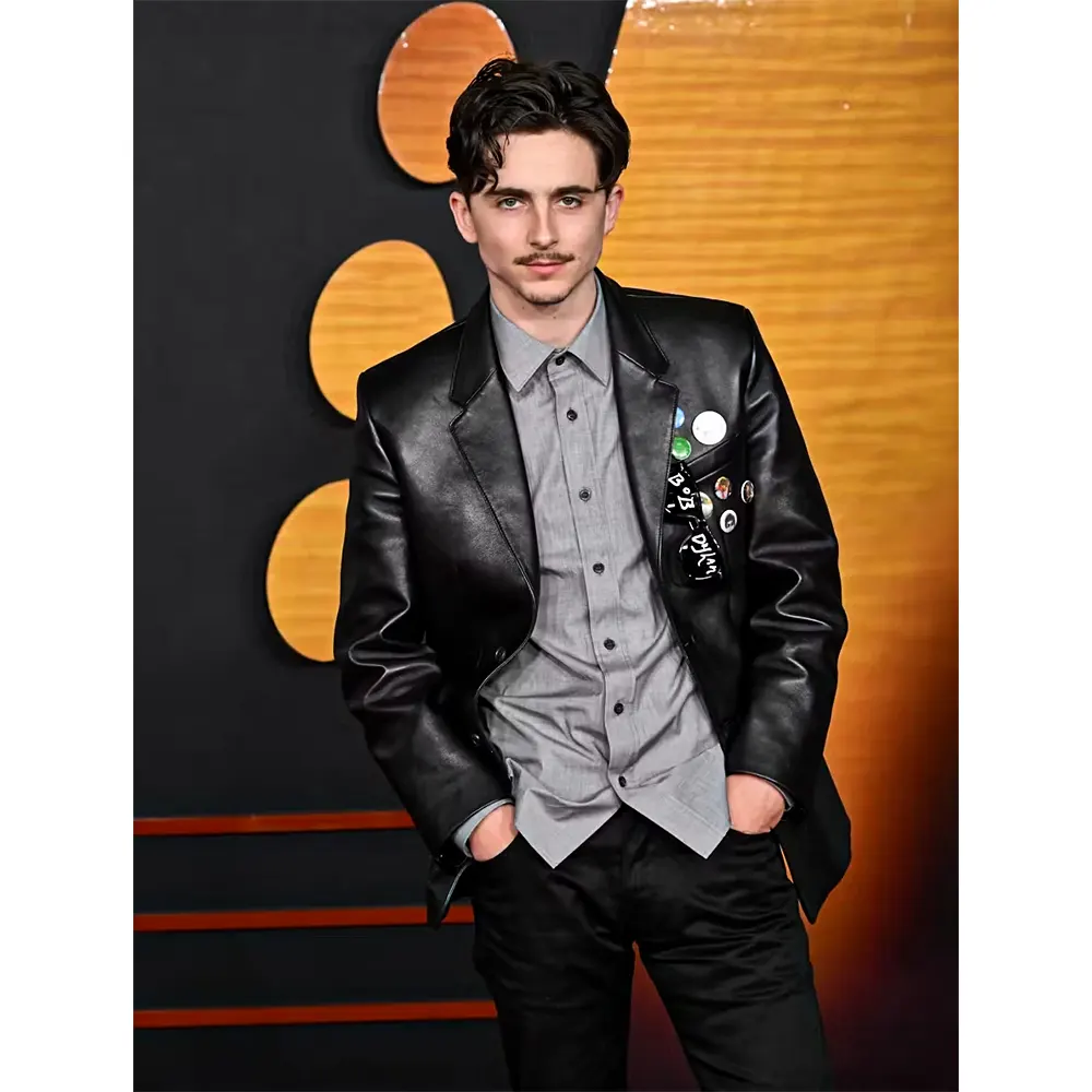 A Complete Unknown Premiere Timothee Chalamet Black Leather Coat